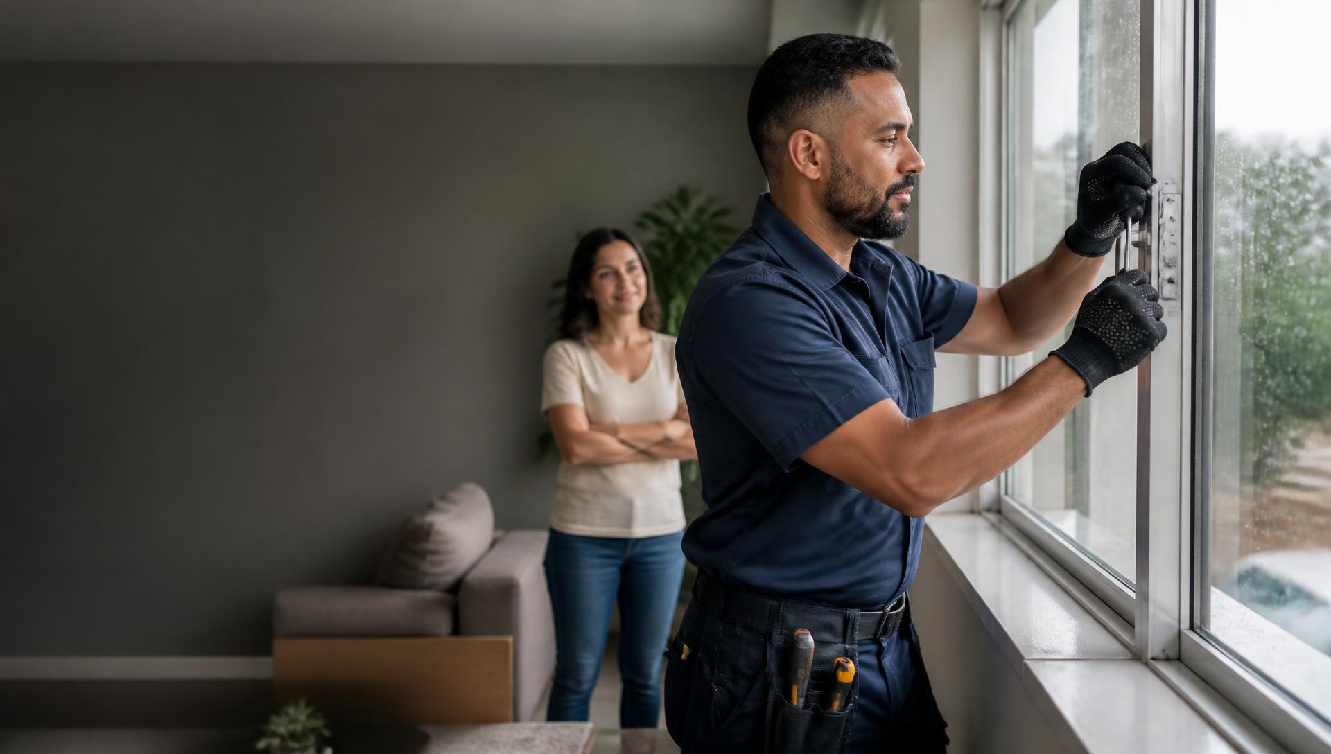 Profissional de assistência residencial realizando manutenção em uma janela